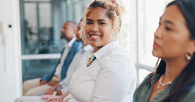 Woman face, office meeting or business presentation with a worker happy about marketing team. Smile, portrait and female company employee ready for working on corporate strategy in a business meeting