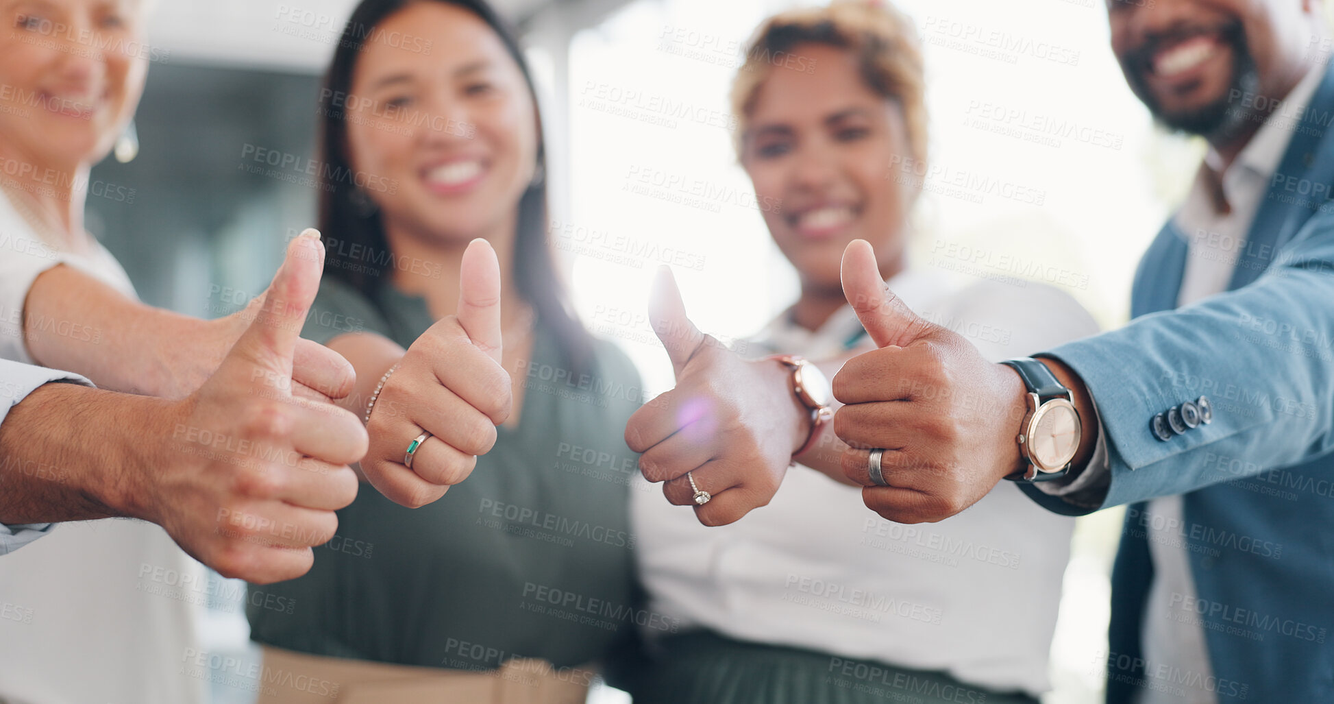 Buy stock photo Team, business people and hands, thumbs up and success with support, diversity and yes with like emoji. Collaboration, meeting and mission with development, growth in company and agreement with group