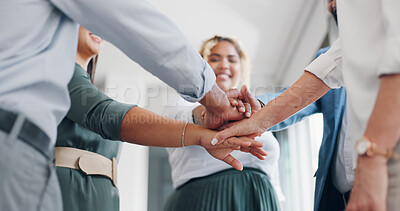 Creative business people, hands and collaboration for teamwork, meeting or cooperation at the office. Hand of employee group in team building, agreement or success with applause for company startup