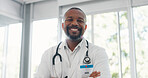 Healthcare, confidence and portrait of doctor with smile in office at hospital, black man in medical job. Proud man, leader in medicine with support, trust and leadership at clinic in South Africa.