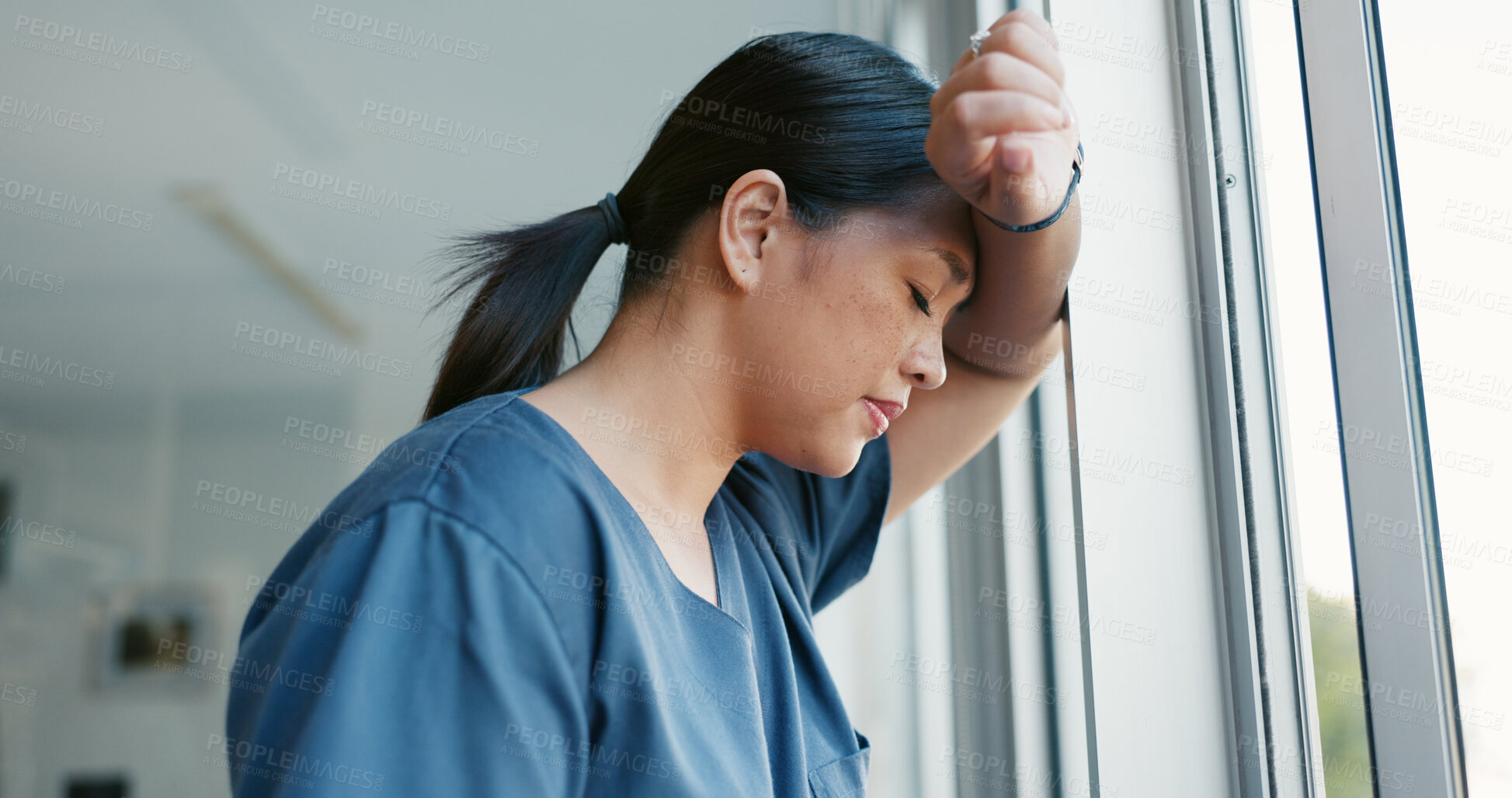 Buy stock photo Stress, headache and woman doctor in hospital with vertigo, nausea or brain fog problem. Healthcare, fail and female nurse with anxiety, depression or mental health crisis, disaster or mistake guilt