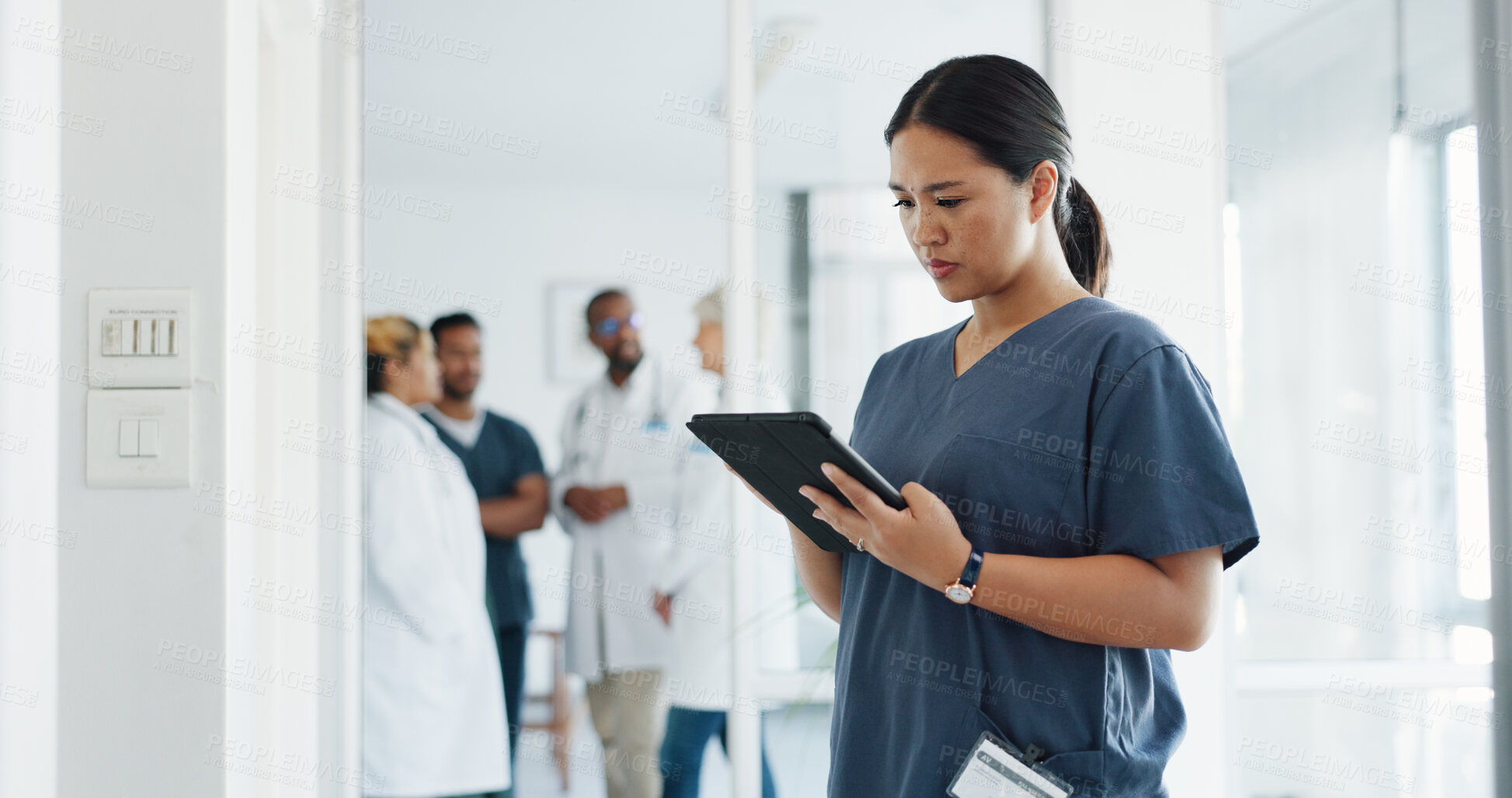 Buy stock photo Tablet, Asian doctor and woman reading hospital data analytics, medicine information or medical research. Online service, nurse or Japanese surgeon access clinic database, communication or healthcare