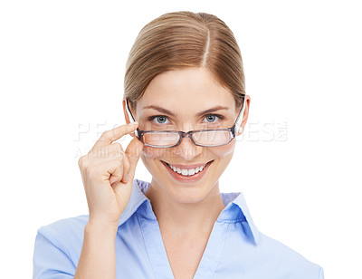 Buy stock photo Business woman, smile portrait and glasses for eyes care, vision wellness and lenses frame. Happy, ophthalmology happiness and eye care, eyeglasses and employee optometry success in white background