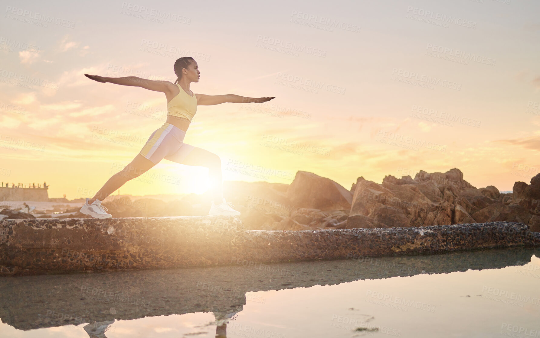 Buy stock photo Beach, yoga or woman stretching in fitness training, body workout or exercise for natural balance in Miami, Florida. Mindfulness, breathing or healthy zen girl exercising at sunset with calm peace