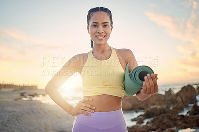 Buy stock photo Beach, fitness and portrait of woman with yoga mat getting ready for training, stretching or exercise. Zen chakra, sunset and female preparing for pilates workout for mindfulness, health and wellness