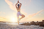 Beach, yoga or woman stretching in fitness training, body workout or exercise for natural balance in Miami, Florida. Mindfulness, breathing or healthy zen girl exercising at sunset with calm peace