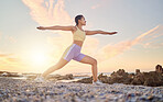 Beach, yoga or woman stretching in fitness training, body workout or exercise for natural balance in Miami, Florida. Mindfulness, breathing or healthy zen girl exercising at sunset with calm peace