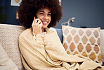 Woman, phone call and funny conversation, communication and talking with contact and smile while relax on sofa. Technology, happiness, 5g and brazil girl in happy discussion on smartphone at home