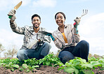 People, agriculture and farming for plant, harvest or growth in sustainability together in the countryside. Happy man and woman farmer with smile enjoying gardening for organic produce or vegetation