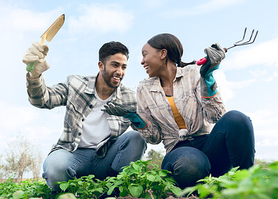 Buy stock photo People, farm and diverse man and woman planting in an eco friendly garden feeling cheerful about the harvest. Teamwork,  agriculture and agribusiness with plantation environment for farming 