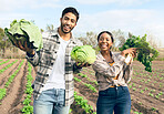 Farming, harvest and interracial couple with vegetables from their sustainable, agro and agriculture farm. Sustainability, small business and portrait of man and woman with growth from food on field