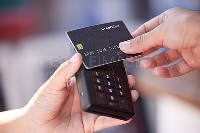 Buy stock photo Shopping, hands and payment with nfc credit card for woman customer checkout transaction zoom. Contactless electronic machine purchase tech at store with bank card for digital money transfer.

