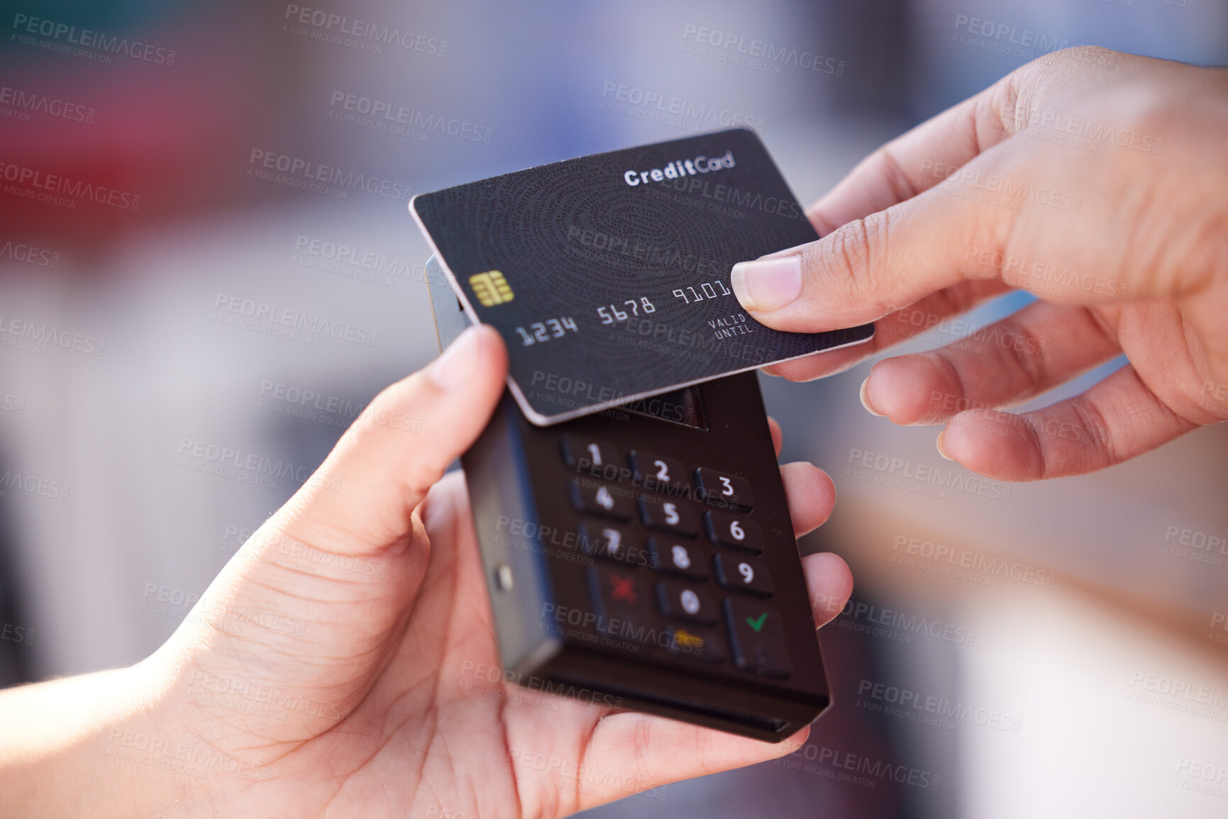 Buy stock photo Shopping, hands and payment with nfc credit card for woman customer checkout transaction zoom. Contactless electronic machine purchase tech at store with bank card for digital money transfer.

