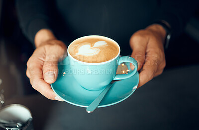 Buy stock photo Barista hands, coffee and foam heart for customer, waiter working and server in small business restaurant. Man, creative shape in cappuccino or milk latte mug from espresso machine in cafe shop 