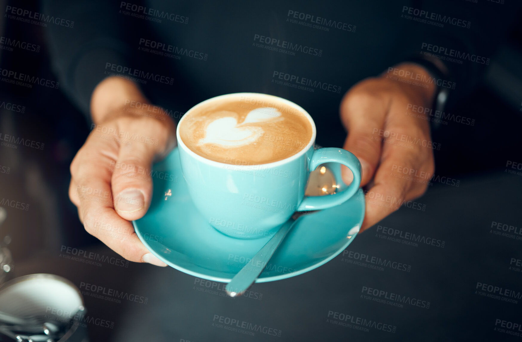 Buy stock photo Barista hands, coffee and foam heart for customer, waiter working and server in small business restaurant. Man, creative shape in cappuccino or milk latte mug from espresso machine in cafe shop 