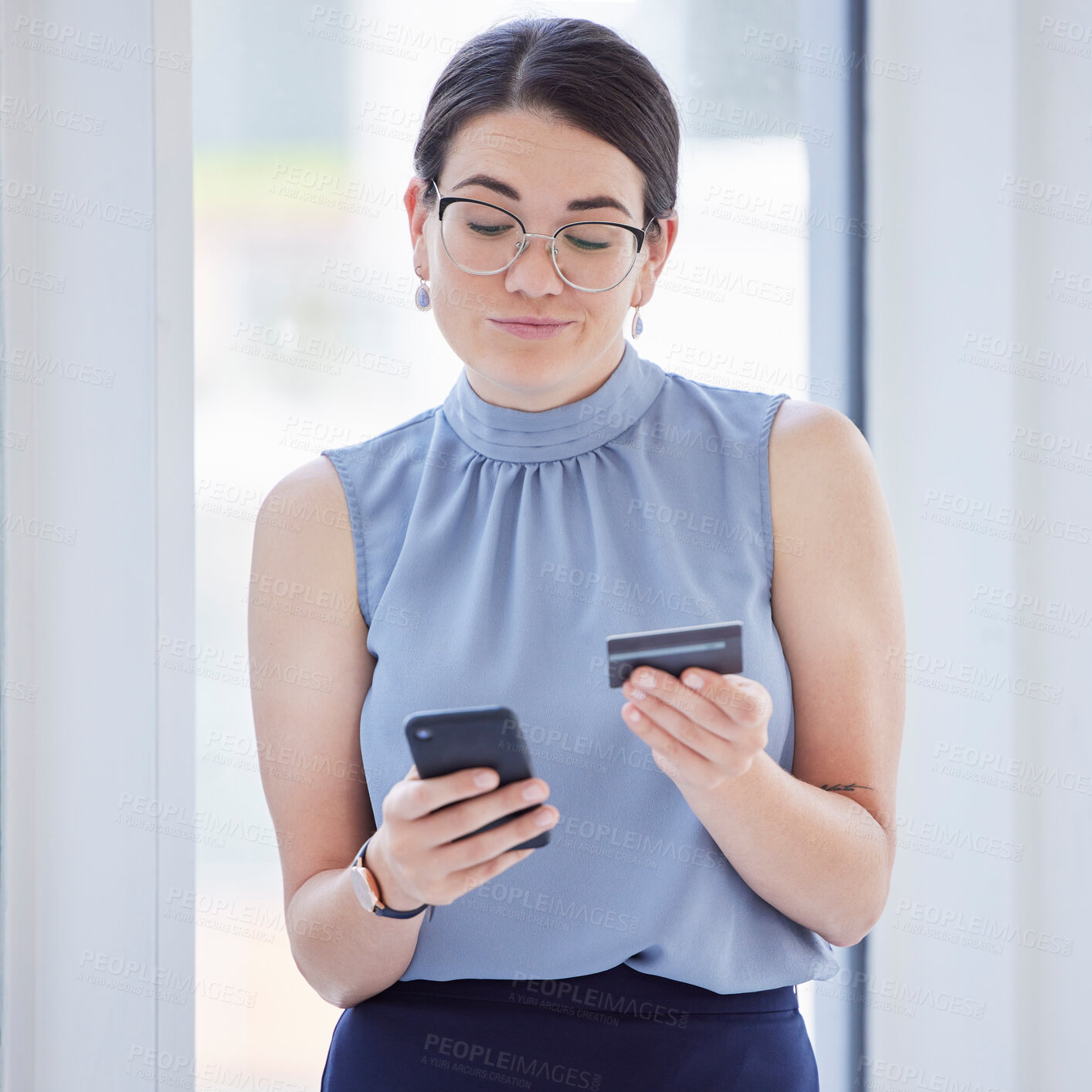 Buy stock photo Business woman doubt with credit card, thinking about ecommerce choice with online shopping and bank app.
Question internet banking decision, tech and corporate account for financial service