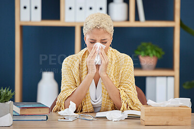 Work, covid and woman at desk tissue paper blowing nose, tired and overworked from flu or cold. Sick, exhausted and office employee with allergy or health risk from illness, burnout or sinus problem.