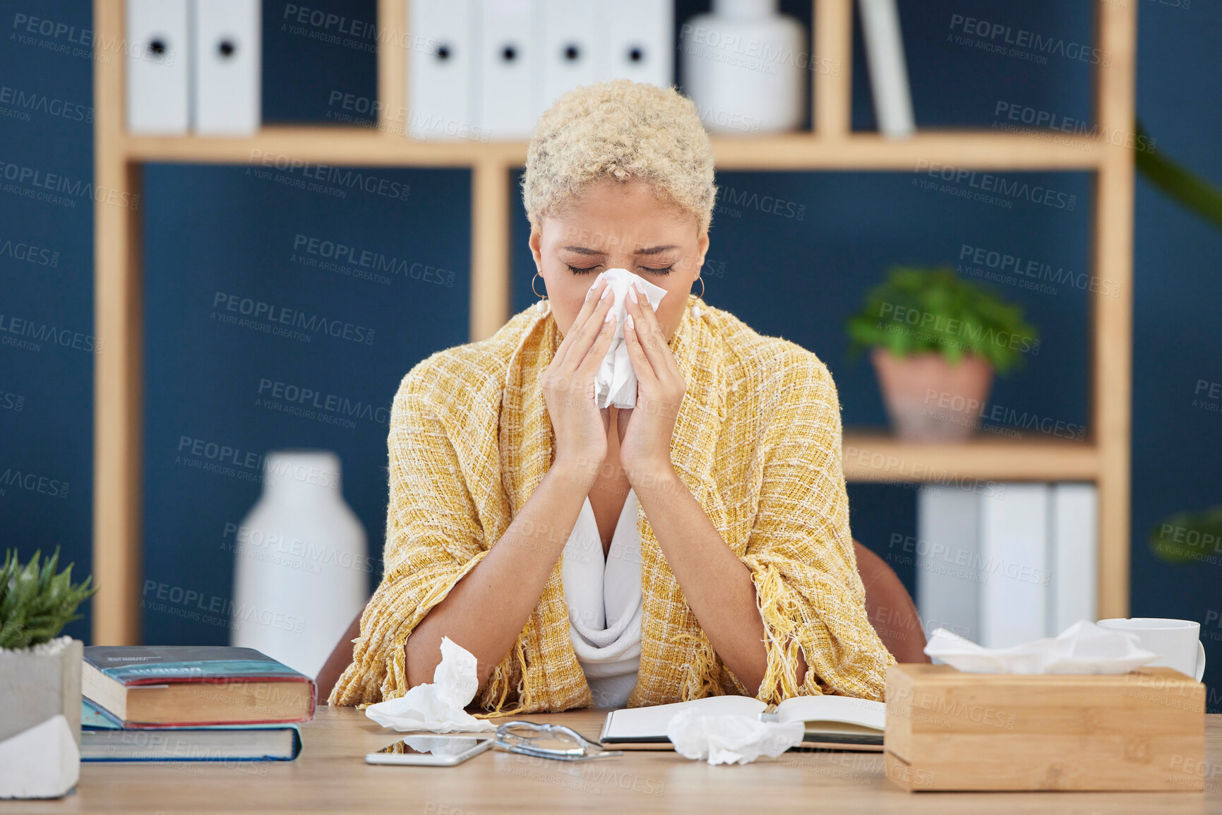 Buy stock photo Work, covid and woman at desk tissue paper blowing nose, tired and overworked from flu or cold. Sick, exhausted and office employee with allergy or health risk from illness, burnout or sinus problem.