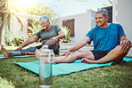 Yoga, stretching and senior couple exercise, cardio and fitness workout for lose weight or retirement health. Backyard, garden and happy, elderly people or friends with pilates or outdoor training