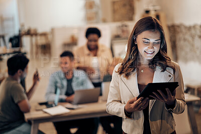 Buy stock photo Night, woman and leader with tablet, staff and modern office for data analysis, connection and digital planning. Dark, female employee and manager with device, smile and search internet for research