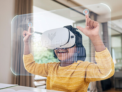 Buy stock photo African girl child, vr and education in home with 3d overlay, hand and futuristic with ux, homework or happy study. Young female, school student and ar ui for learning, development and smile at table