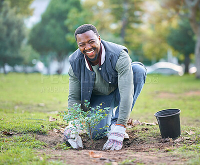 Buy stock photo Environment, portrait and black man plant trees in park, garden and nature for sustainability. Community service, soil gardening and smile for volunteering, sustainable growth and happy green ecology
