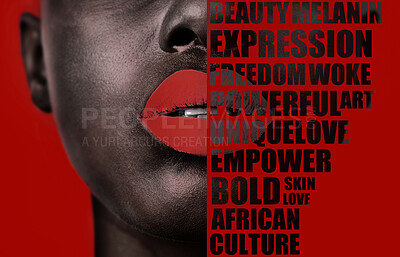 Buy stock photo Message, empowerment and face of a black woman with words isolated on a red background in studio. Zoom, lips and half facial overlay of a girl with text, affirmations and opinion on a backdrop