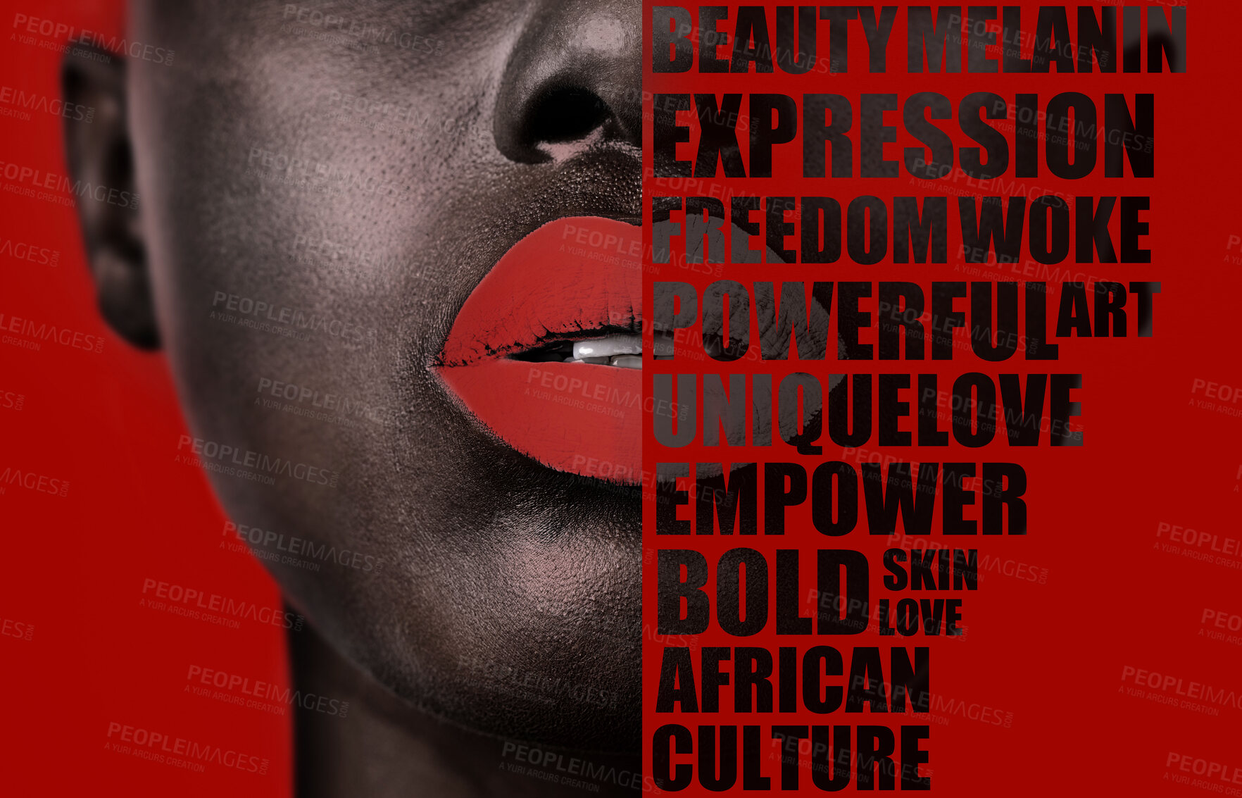 Buy stock photo Message, empowerment and face of a black woman with words isolated on a red background in studio. Zoom, lips and half facial overlay of a girl with text, affirmations and opinion on a backdrop