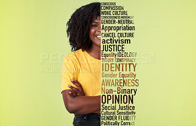 Buy stock photo Words, text and portrait of lgbt woman happy for pride and social injustice in a studio green background. Non binary, activist and young African female proud and confident with SEO tag or protest