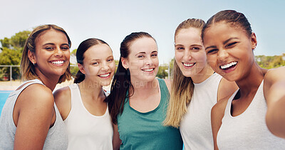 Buy stock photo Women, friends group and fitness with selfie outdoor, young tennis athlete and team in sports portrait on training court. Diversity, smile in picture and exercise with youth and sport wellness