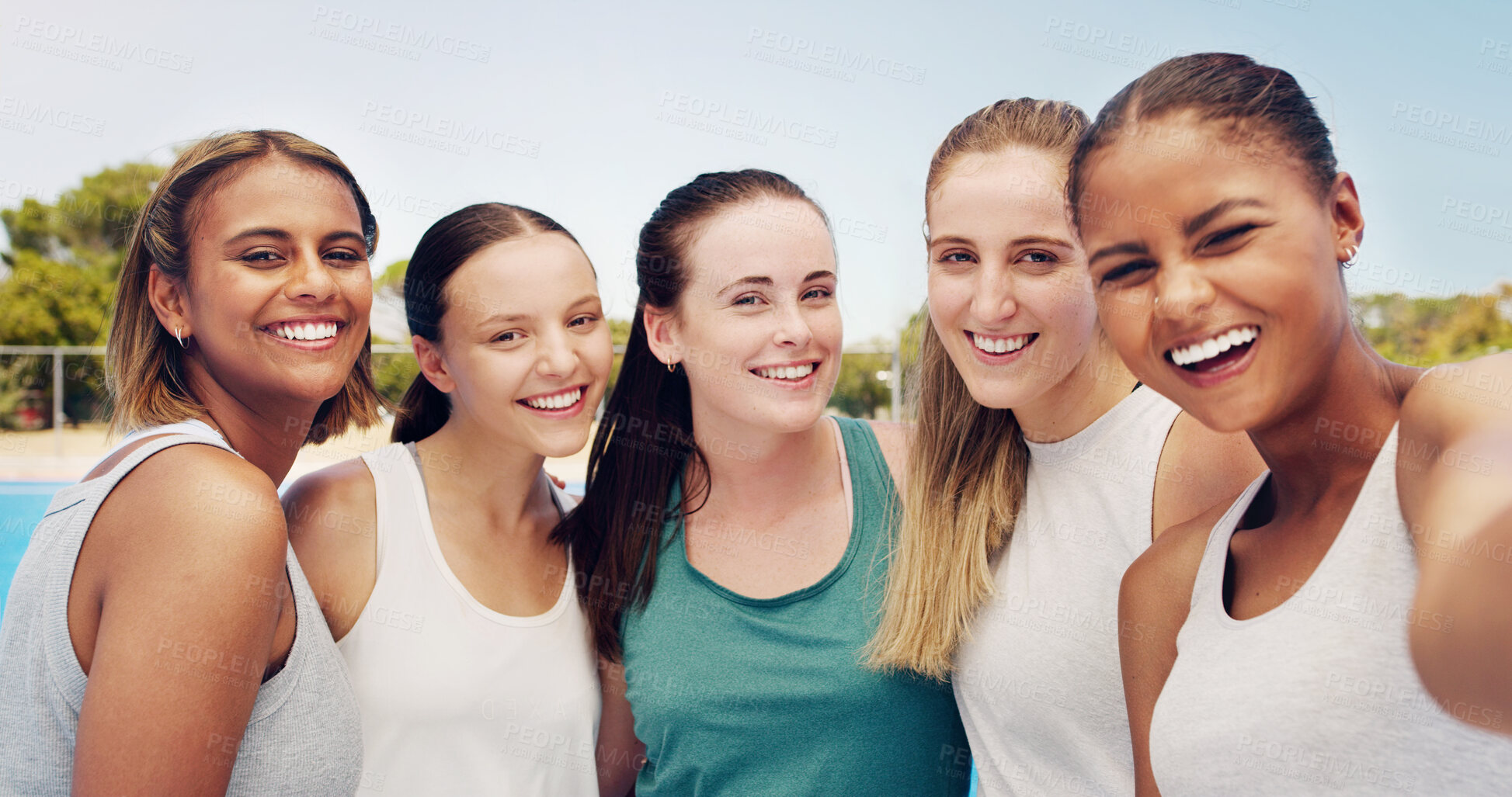 Buy stock photo Women, friends group and fitness with selfie outdoor, young tennis athlete and team in sports portrait on training court. Diversity, smile in picture and exercise with youth and sport wellness