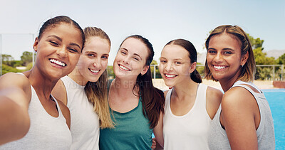 Buy stock photo Women in selfie, friends and fitness in portrait outdoor, tennis athlete and team together, sports group on training court. Diversity, smile in picture and exercise with youth and sport wellness