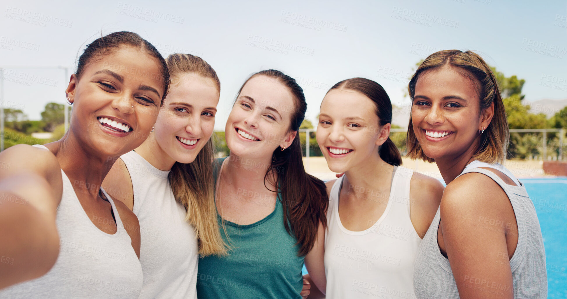 Buy stock photo Women in selfie, friends and fitness in portrait outdoor, tennis athlete and team together, sports group on training court. Diversity, smile in picture and exercise with youth and sport wellness