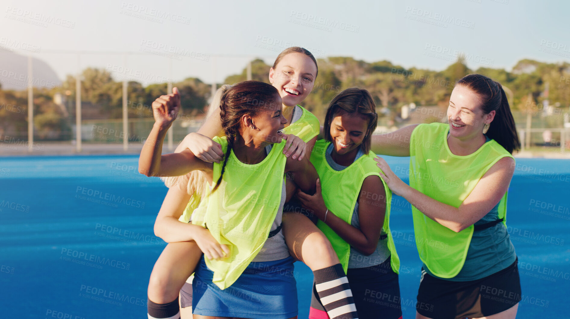 Buy stock photo Women, hockey group and celebration on field together for support, solidarity and happy for fitness, training or goals. Sports teamwork, friends and hug from with winning goal, achievement or success