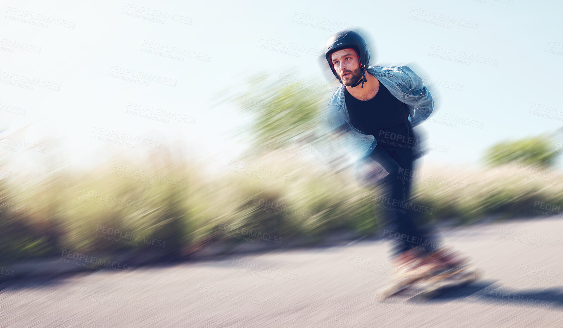 Buy stock photo Motion blur, skateboard and mockup with a sports man skating outdoor on an asphalt street at speed. Balance, fast and mock up with a male skater on a road for fun, freedom or training outside