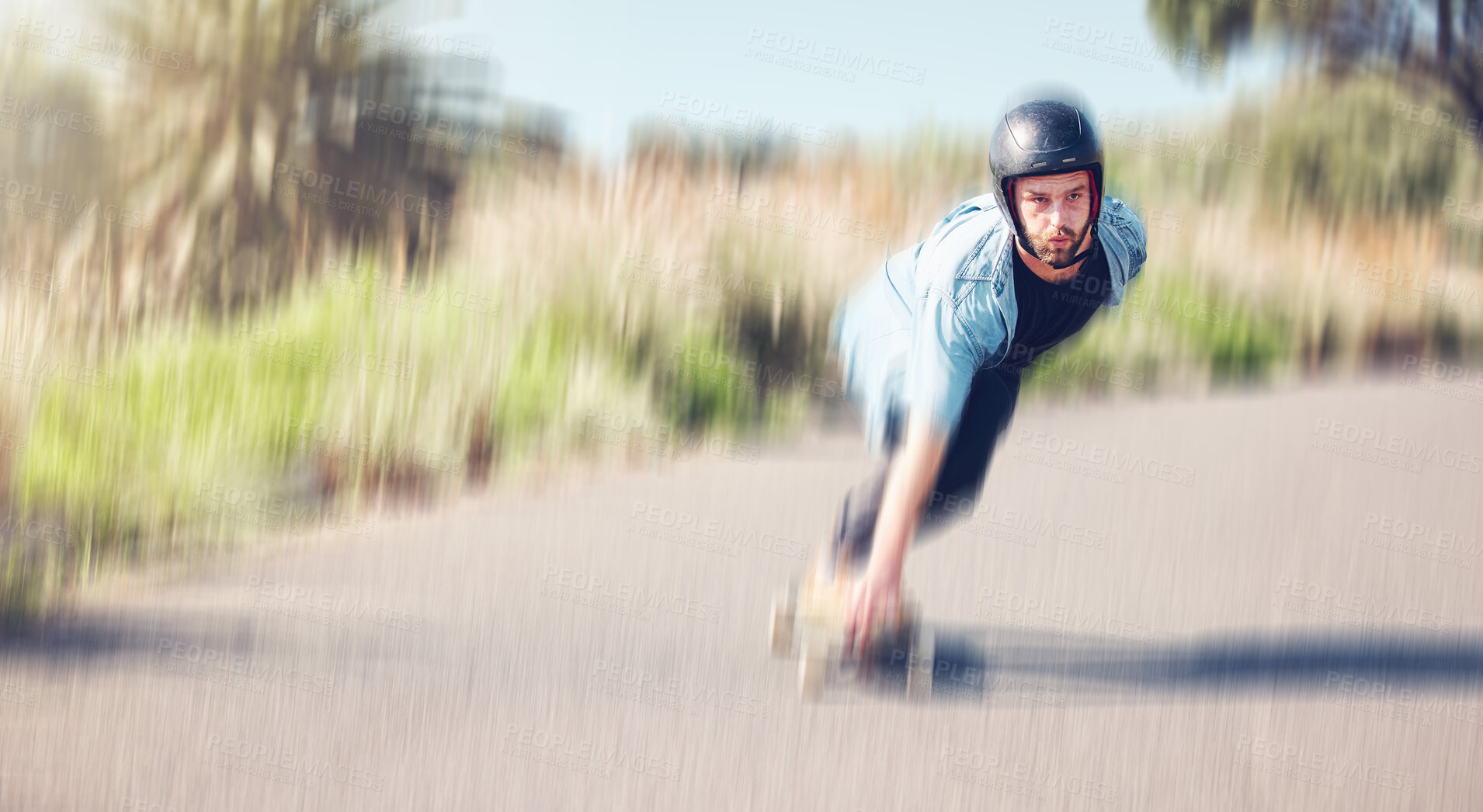 Buy stock photo Motion blur, skater and mockup with a sports man moving outdoor on an asphalt street at speed. Skateboard, fast and mock up with a male skating on a road for fun, freedom or training outside