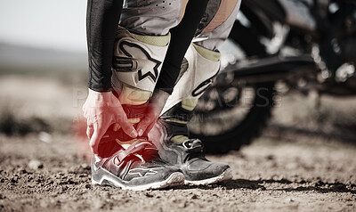 Ankle, injury and motorcycle with the hands of a man holding his joint in pain while outdoor for a race. Sports, training or anatomy with a male athlete suffering an accident on a ride for recreation