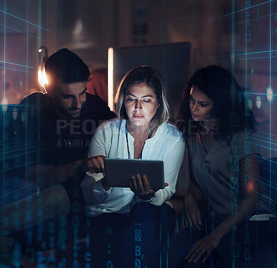 Buy stock photo Data hologram, future overlay and tablet at night with statistics and IT team planning. Coding hologram, analytics and information technology with employee group working on ux and iot collaboration