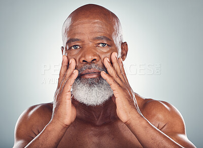 Buy stock photo Beard, skincare and senior man grooming and self care routine isolated in studio gray background. Facial, moisture and portrait of old person or model with smooth glow skin or face for wellness