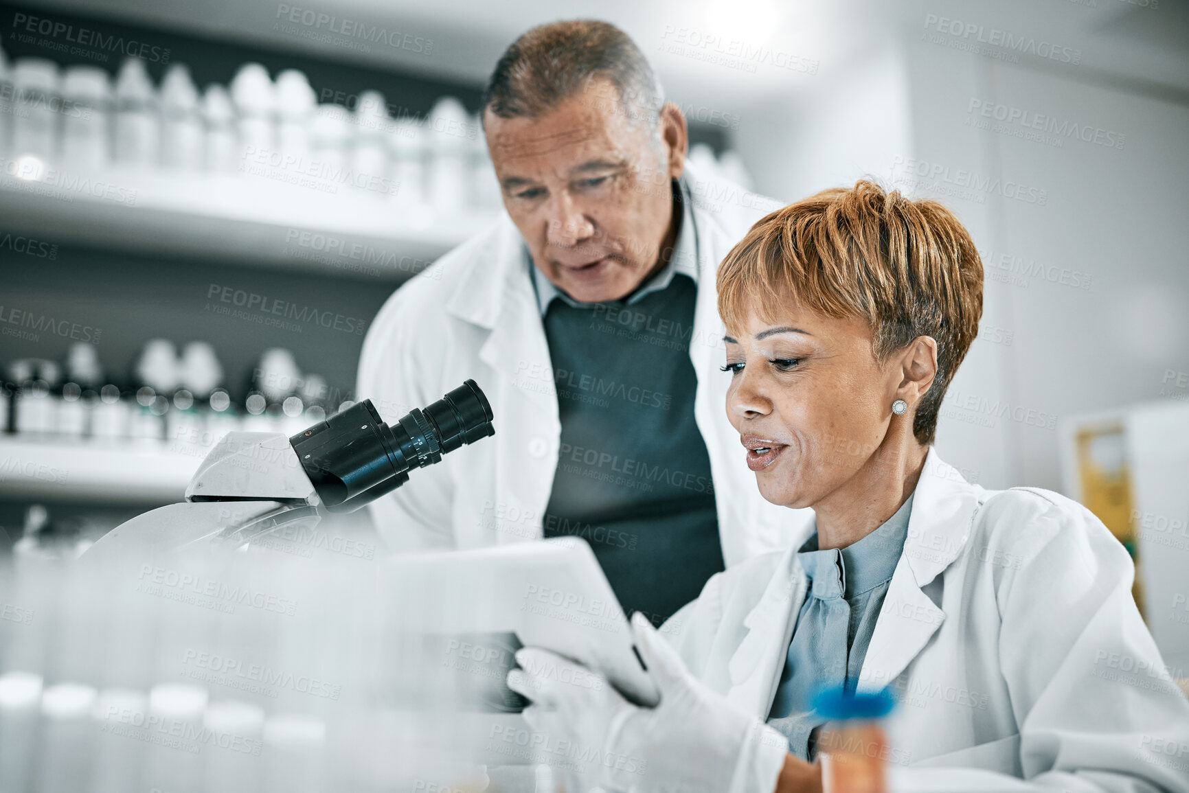 Buy stock photo Doctor, teamwork or scientist people with tablet in science lab for DNA research, medical or medicine data analysis. Thinking, healthcare idea or nurse for health, cancer innovation or virus study