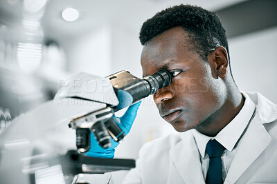 Buy stock photo Doctor, microscope or black man in science laboratory for DNA research, medical and medicine data analysis. Happy, healthcare teamwork or nurse for healthcare, cancer innovation or virus test study