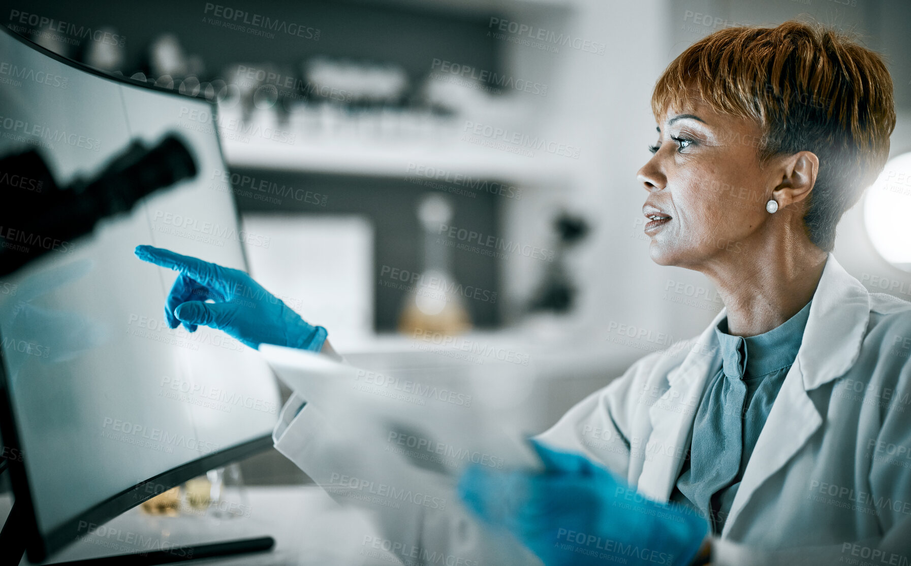 Buy stock photo Doctor, research or black woman on computer for analytics in science lab for DNA research, medical or medicine data analysis. Scientist, healthcare or nurse on health, innovation or covid virus study