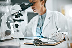 Laboratory, microscope or doctor woman in science data analysis, medical innovation or healthcare research. Scientist, futuristic or female nurse writing notes for medicine, DNA or vaccine data exam