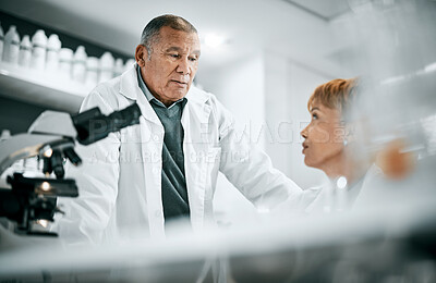 Doctors, covid or scientist people in science laboratory for DNA research, medical or medicine data analysis. Elderly healthcare teamwork or nurse for health, cancer innovation or virus test study