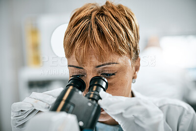 Buy stock photo Doctor, face or scientist woman with microscope in science lab on DNA research, medical or medicine data analysis. Zoom, healthcare worker or nurse for health, cancer innovation or virus test study