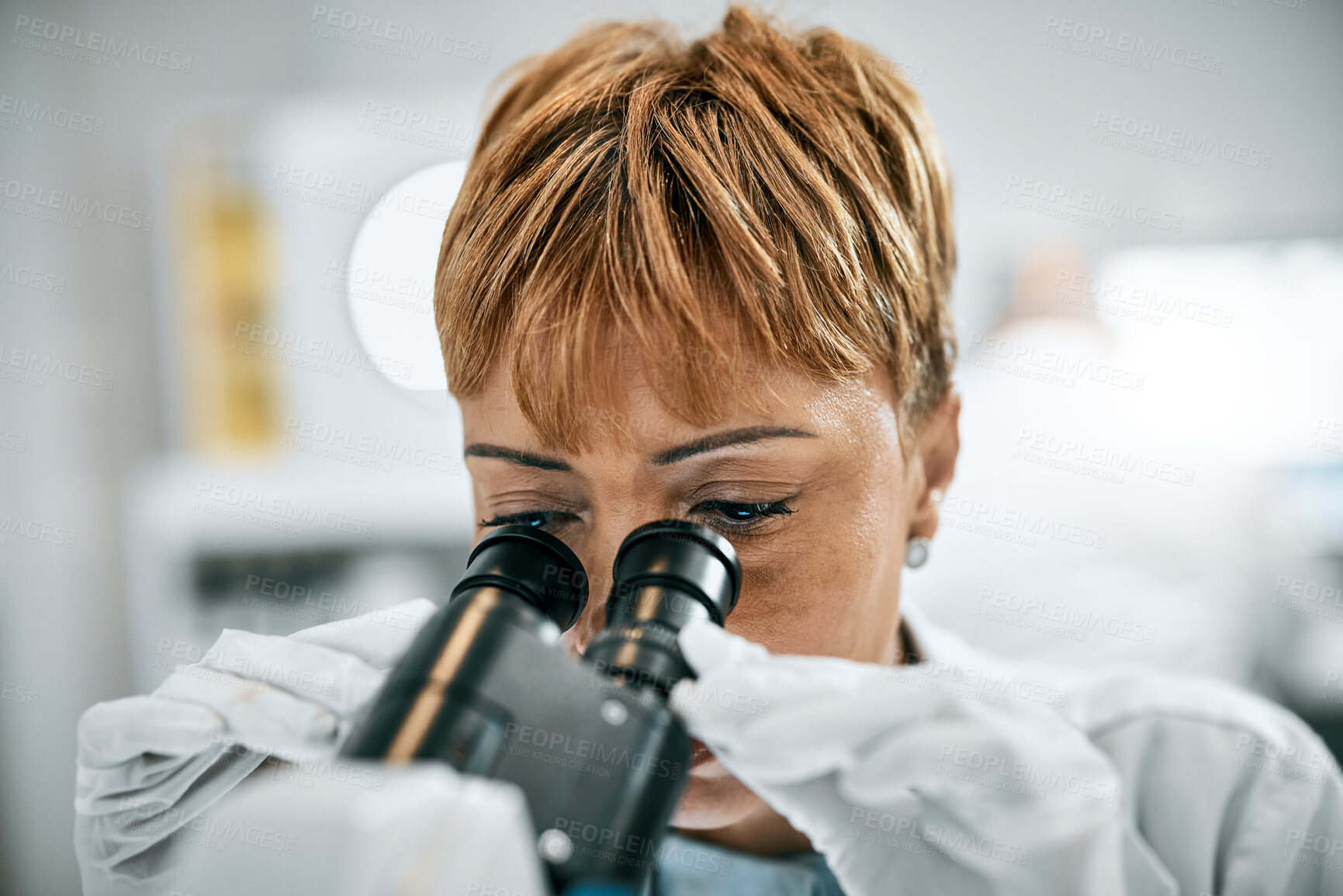 Buy stock photo Doctor, face or scientist woman with microscope in science lab on DNA research, medical or medicine data analysis. Zoom, healthcare worker or nurse for health, cancer innovation or virus test study