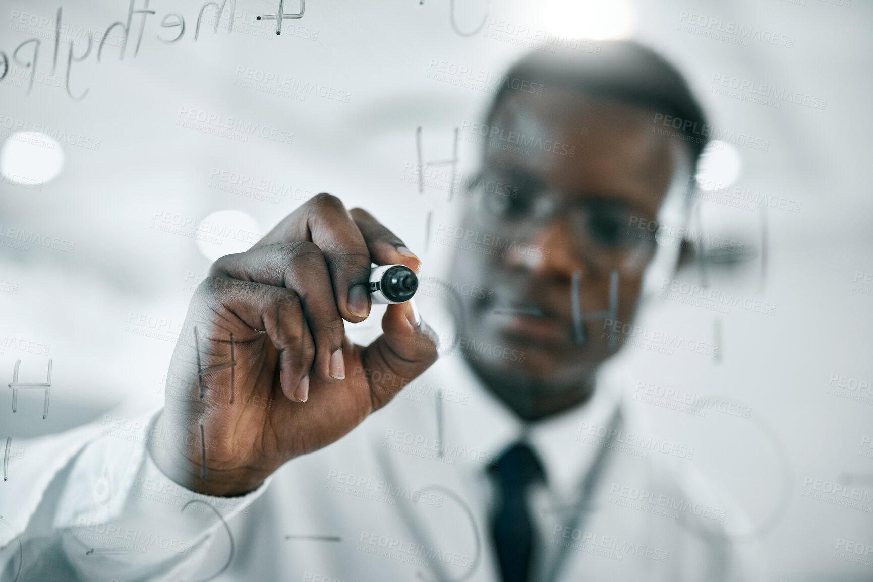 Buy stock photo Science research, planning and black man scientist writing on glass board, strategy working in lab for future technology and innovation. Lab worker, doctor and employee thinking of futuristic idea