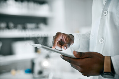 Buy stock photo Science, research and hands of scientist with tablet for analytics, medical report and test result. Pharmaceutical, healthcare and black man typing on digital tech for data, analysis and prescription