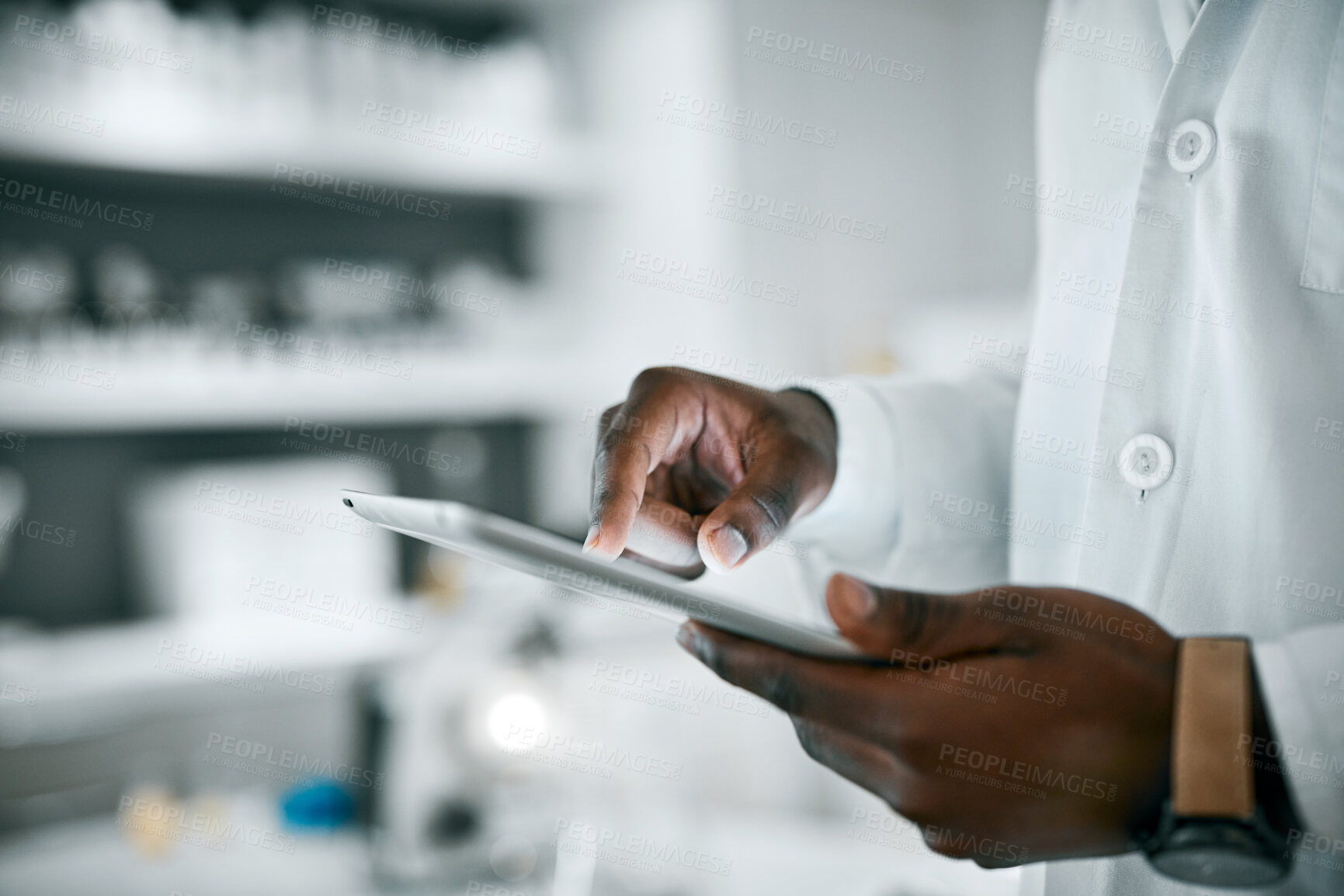 Buy stock photo Science, research and hands of scientist with tablet for analytics, medical report and test result. Pharmaceutical, healthcare and black man typing on digital tech for data, analysis and prescription