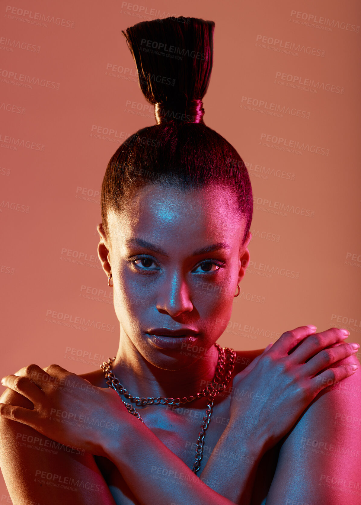 Buy stock photo Portrait, serious and fashion with a model black woman in studio on a neon background for beauty. Art, makeup and style with an attractive young female posing indoor for culture or cosmetics